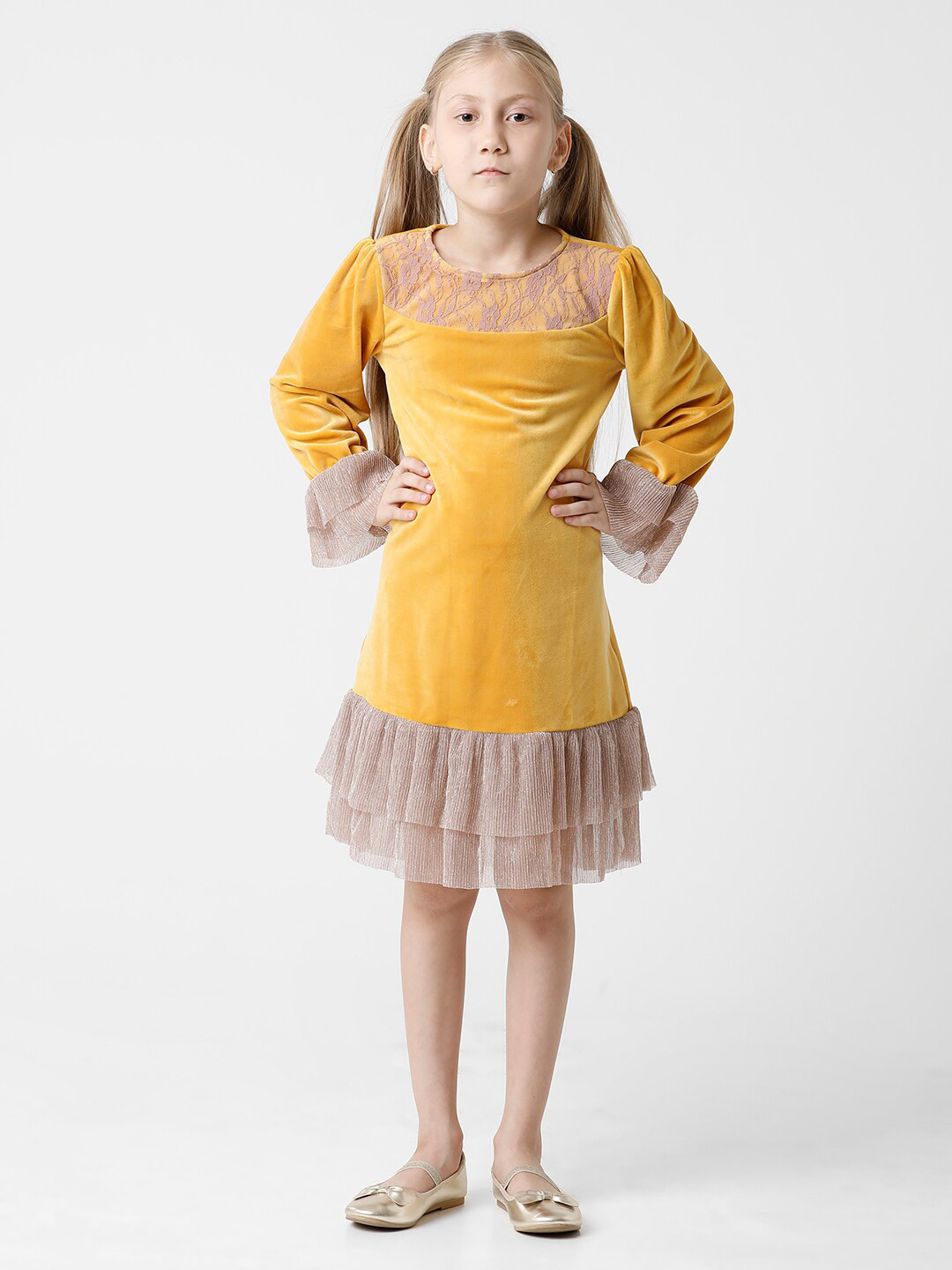 KATE & OSCARGirls  Mustard Yellow Velvet A-Line Dress With Layered Bottom