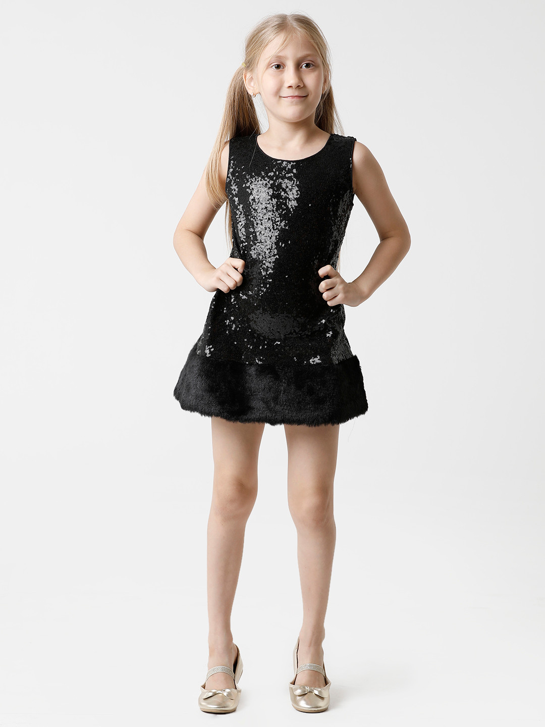 KATE & OSCAR Girls Black Embellished Georgette A-Line Dress with fur