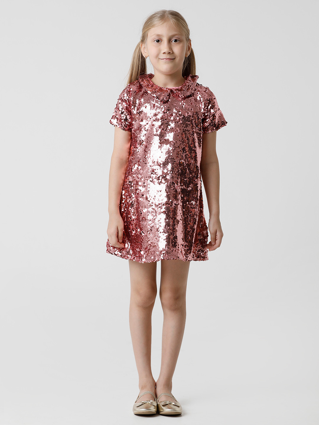 KATE & OSCAR Pink Embellished Sequin Peter Pan Collar Georgette A-Line Dress