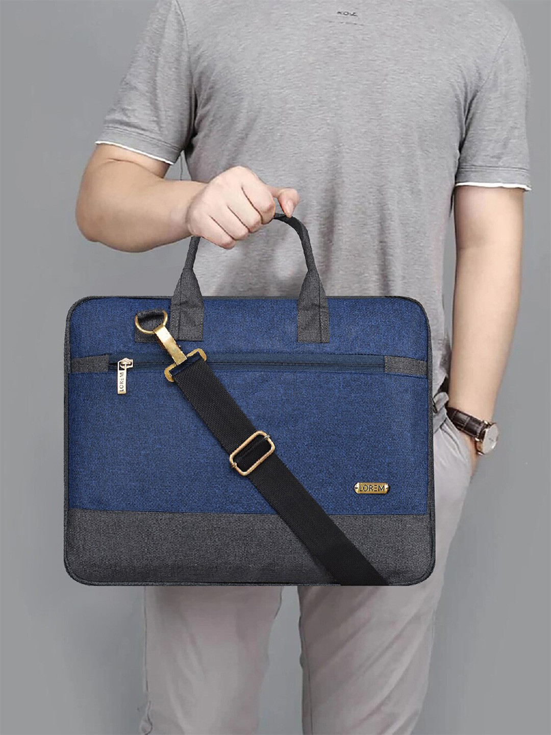 LOREM Blue & Charcoal Colourblocked Synthetic Laptop Bag