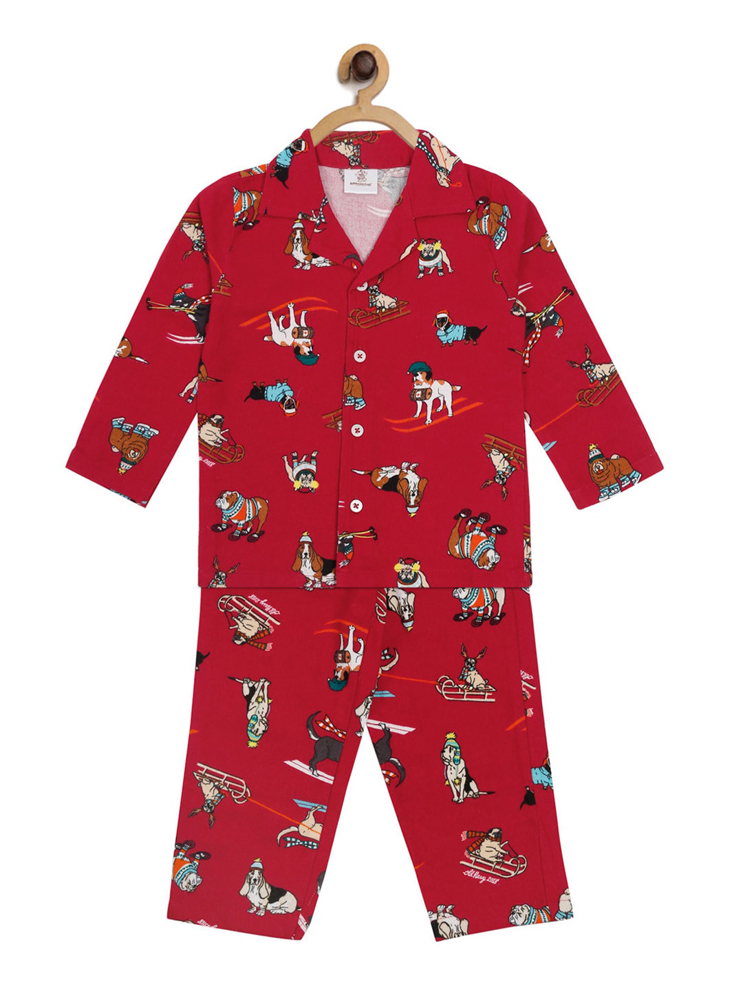 Hippodrome Unisex Kids Red & Brown Santa Sleigh Dog Flannel Night Suit