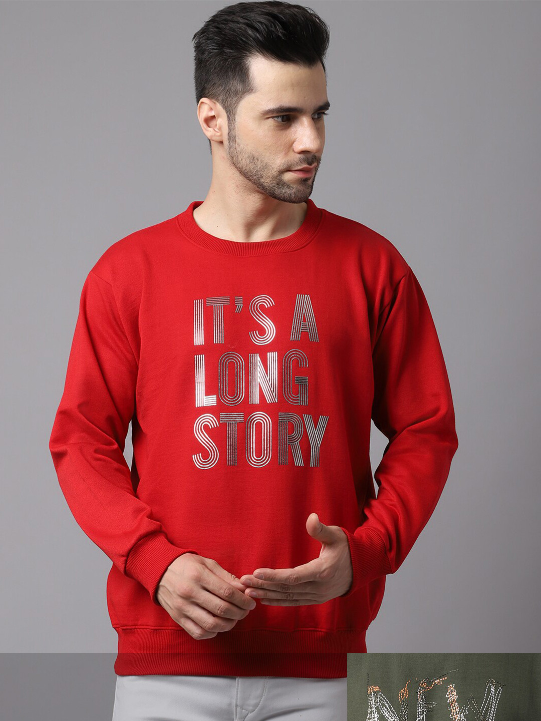 MACK JONNEY Men Pack Of 2 Red And Olive Green Typography Printed Pullover Sweatshirt