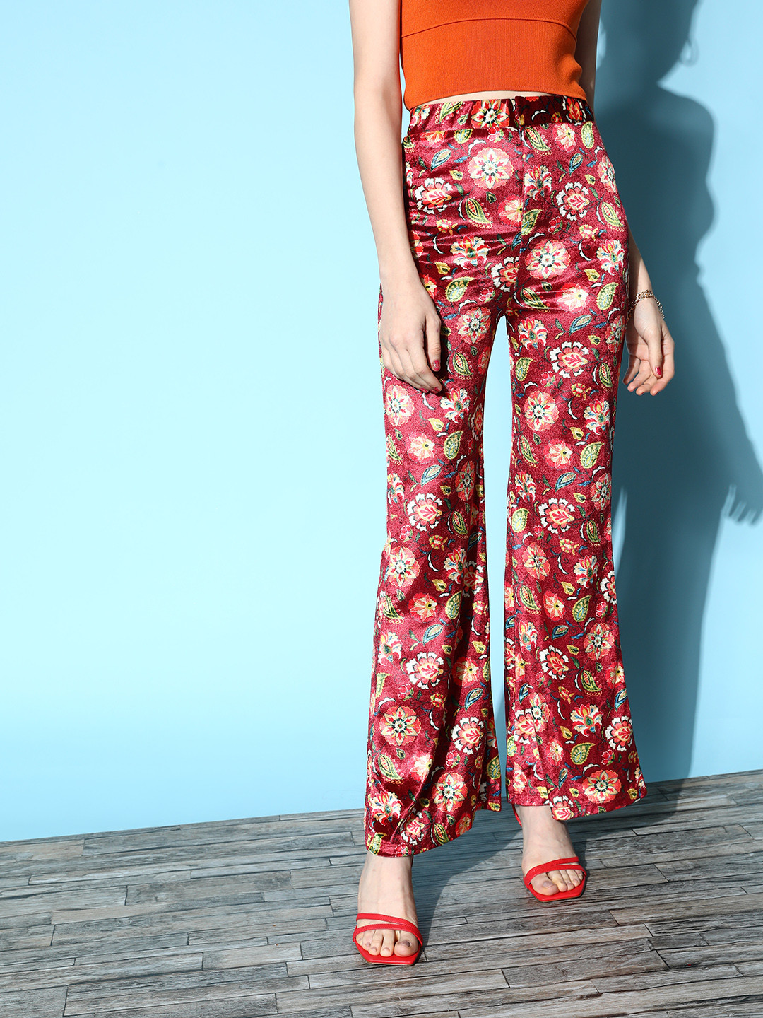 SASSAFRAS Women Lovely Maroon Floral Velvet Wide Leg Trousers