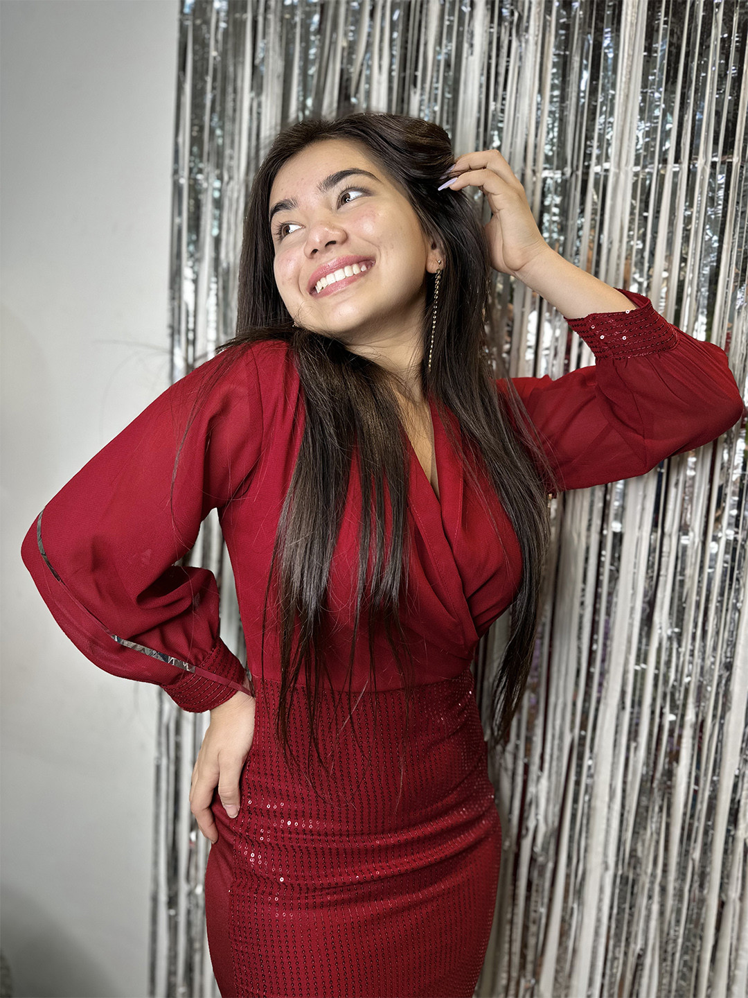 SASSAFRAS Women  Maroon Solid Shimmer & Sequin Dress