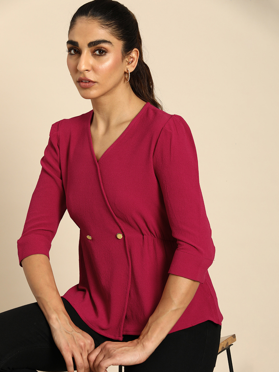 all about you V-Neck A-Line Solid Top With Gathers Detailing