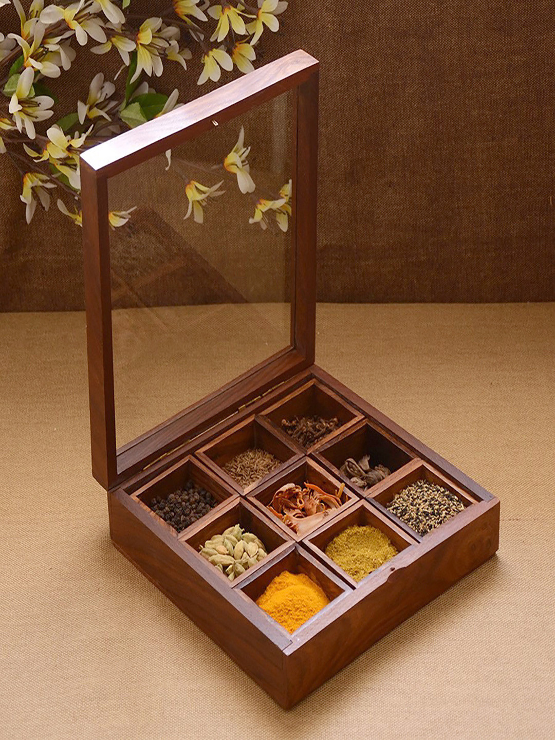 Unravel India Brown Handcrafted Wooden Spice Box With Spoon