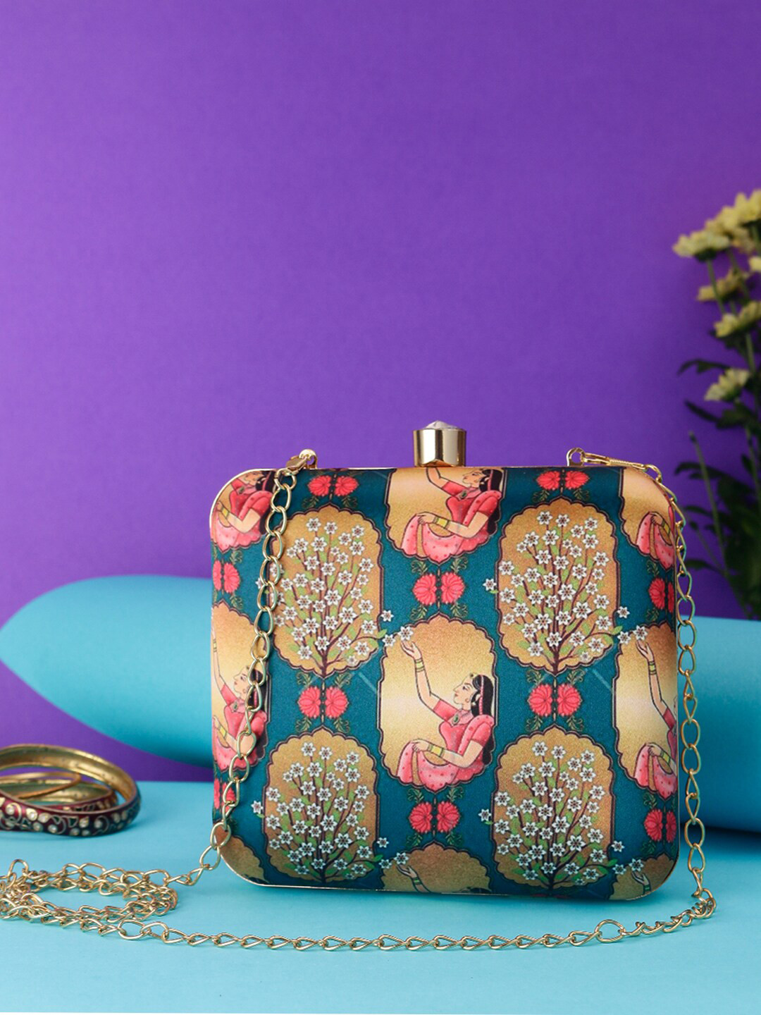 Swisni Blue & Red Printed Box Clutch