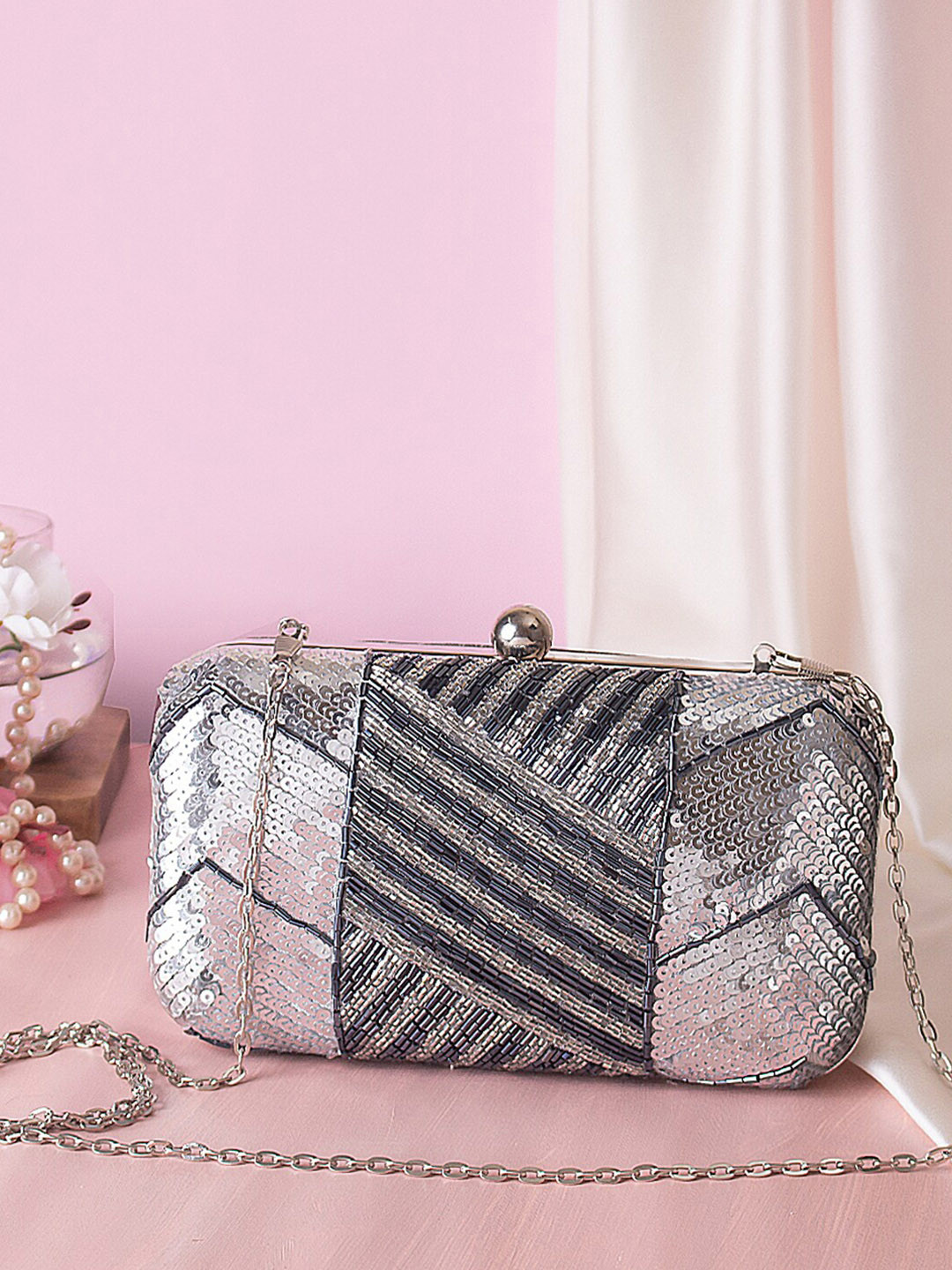 Swisni Women Silver Toned Beads And Sequins Embellished Rectangle Box Clutch