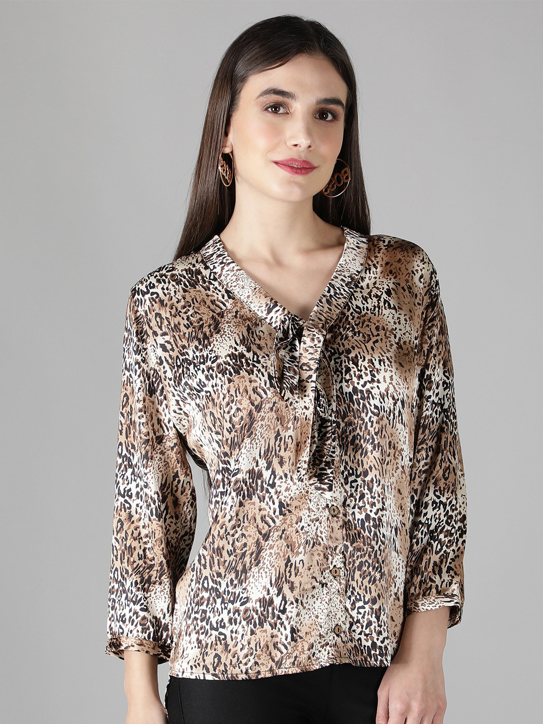 DEBONATELLA Women Coffee Brown Smart Animal Printed Casual Shirt