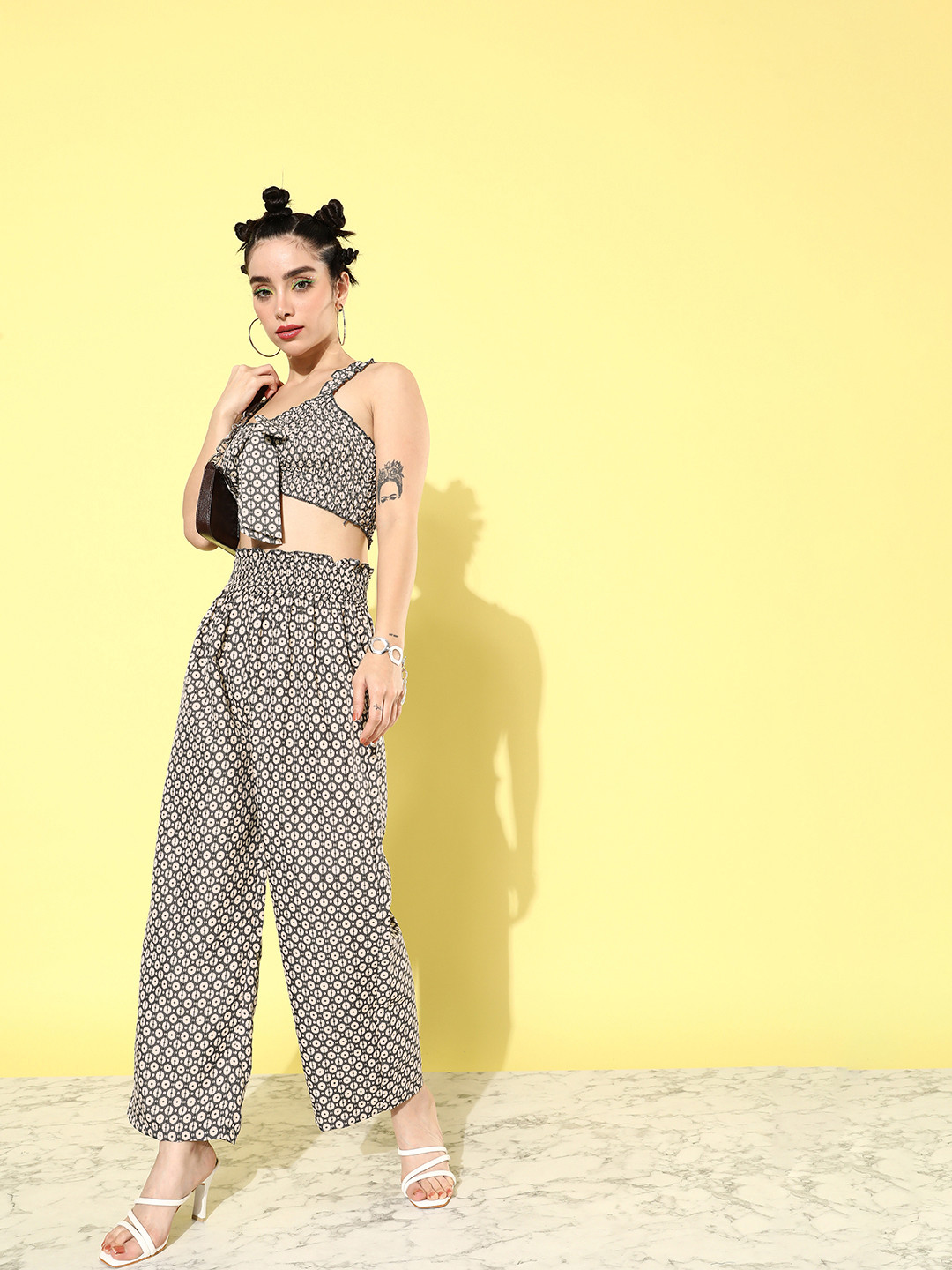 Mast & Harbour Women Printed Sleeveless Crop Top with Printed Palazzo Pants