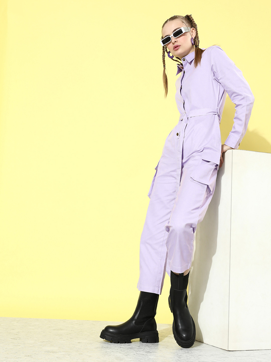 Mast & Harbour Women Misty Lavender Preppy College Cool Utility Cargo Style Capri Jumpsuit