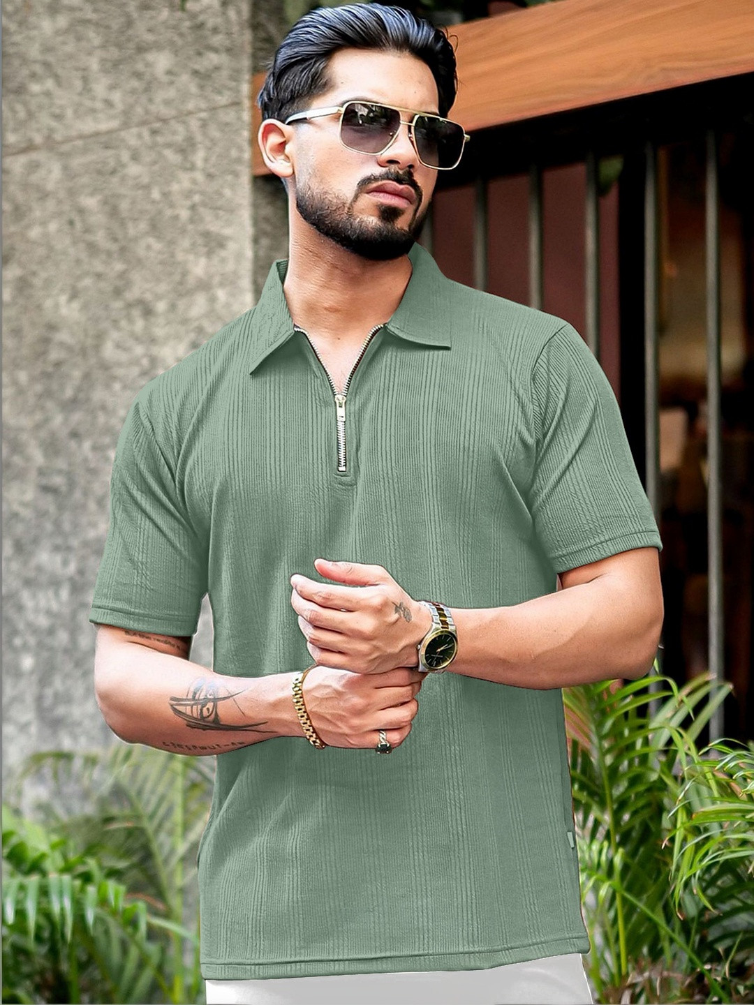 HAPPY KHAJANA Men Textured Polo Zip Neck Collar Tshirts
