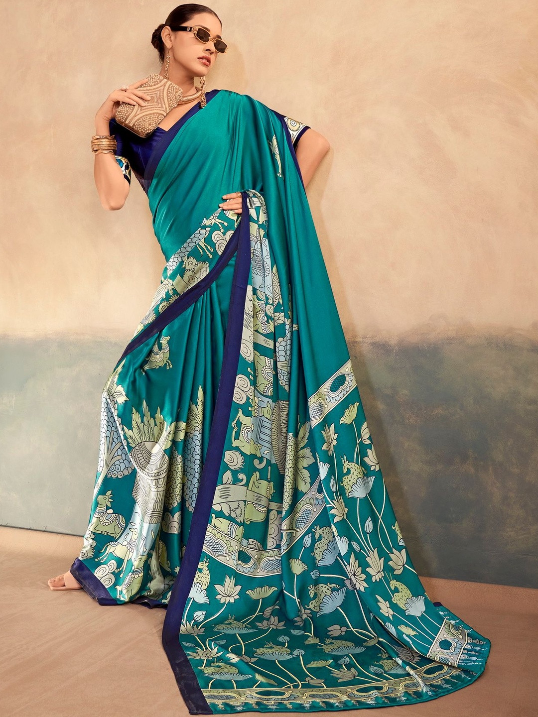 MADHAVPRIYA Firozi Printed Satin Silk Unstitched Blouse Sarees