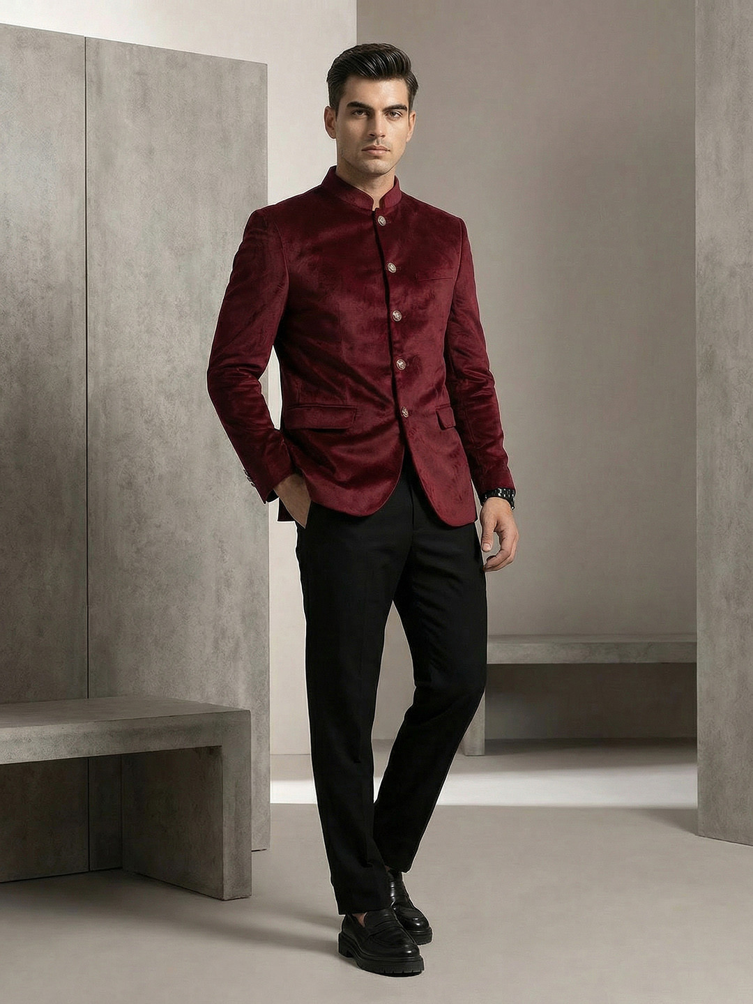 INVICTUS Textured Mandarin Collar Bandhgala Blazer