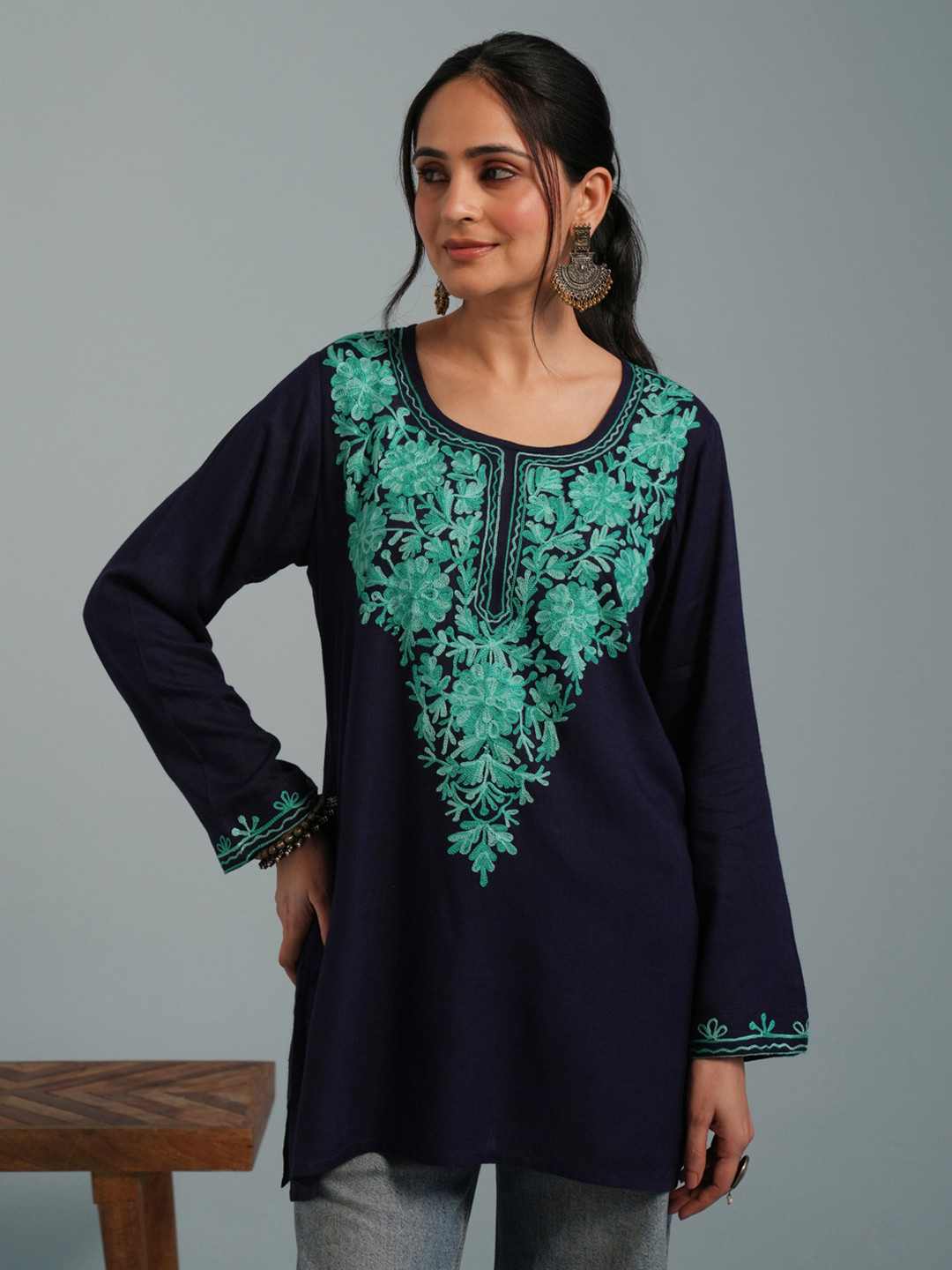 Kashmir Box Kashmiri Aari Women Navy Blue Embroidered Viscose Rayon Short Kurti