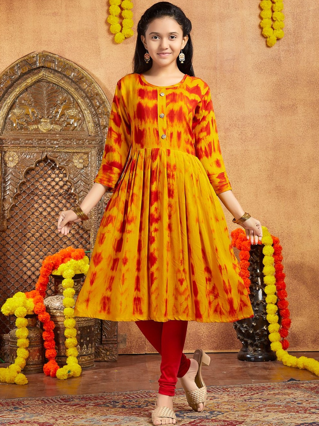 Sangria Girls Printed Round Neck Calf Length A-Line Kurtas