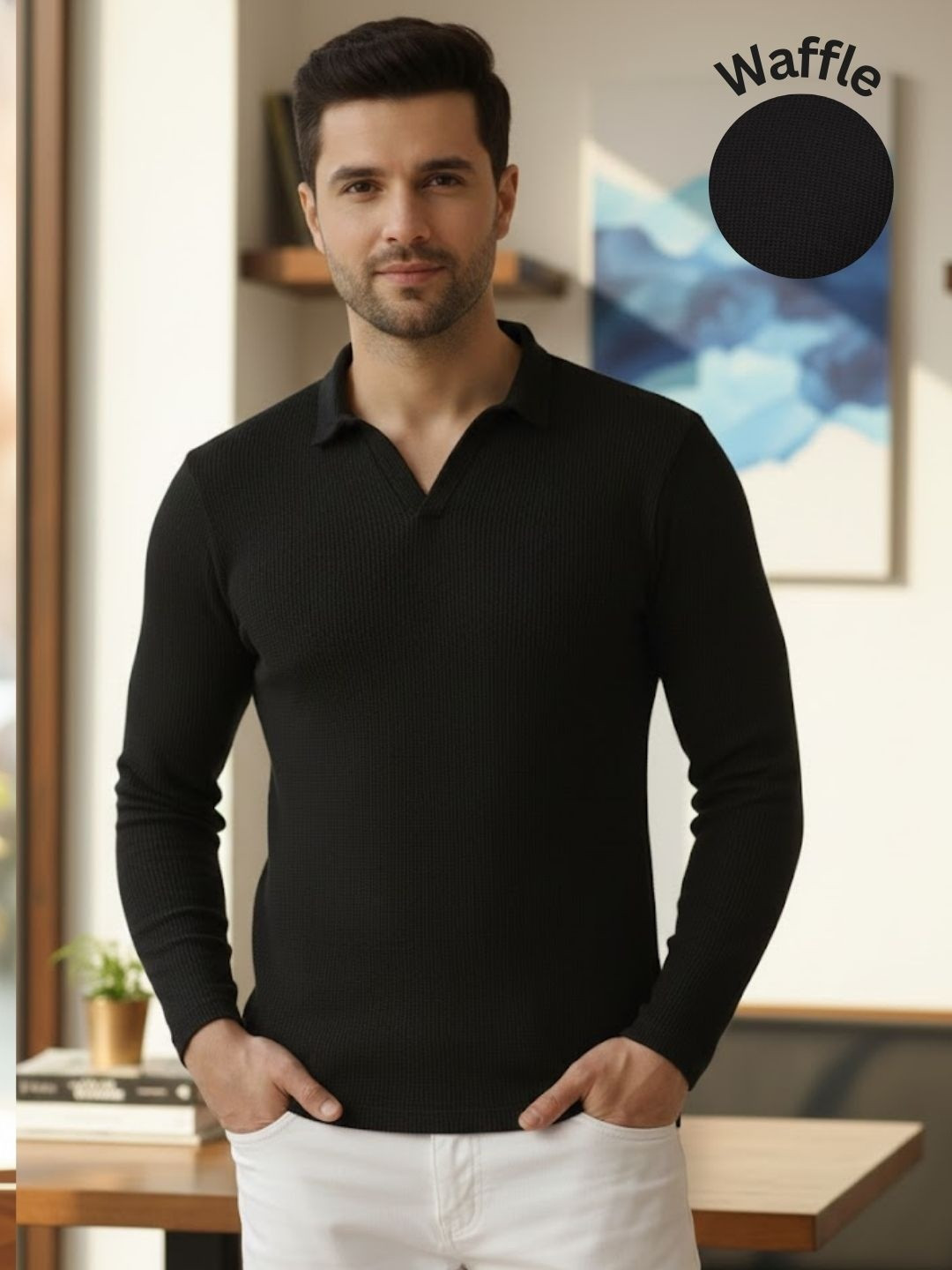 Men's Black Self Design Polo Collar Long Sleeve T-shirt