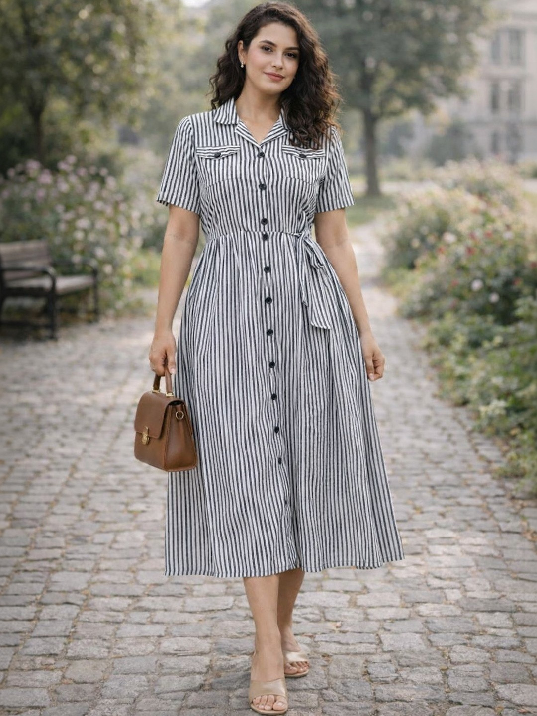 CitySquad Striped Fit & Flare Midi Dress