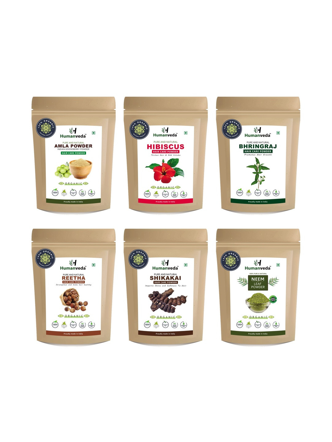 HUMANVEDA Set Of 6 Amla Reetha Shikakai Bhringraj Hibiscus & Neem Powder - 100 g Each
