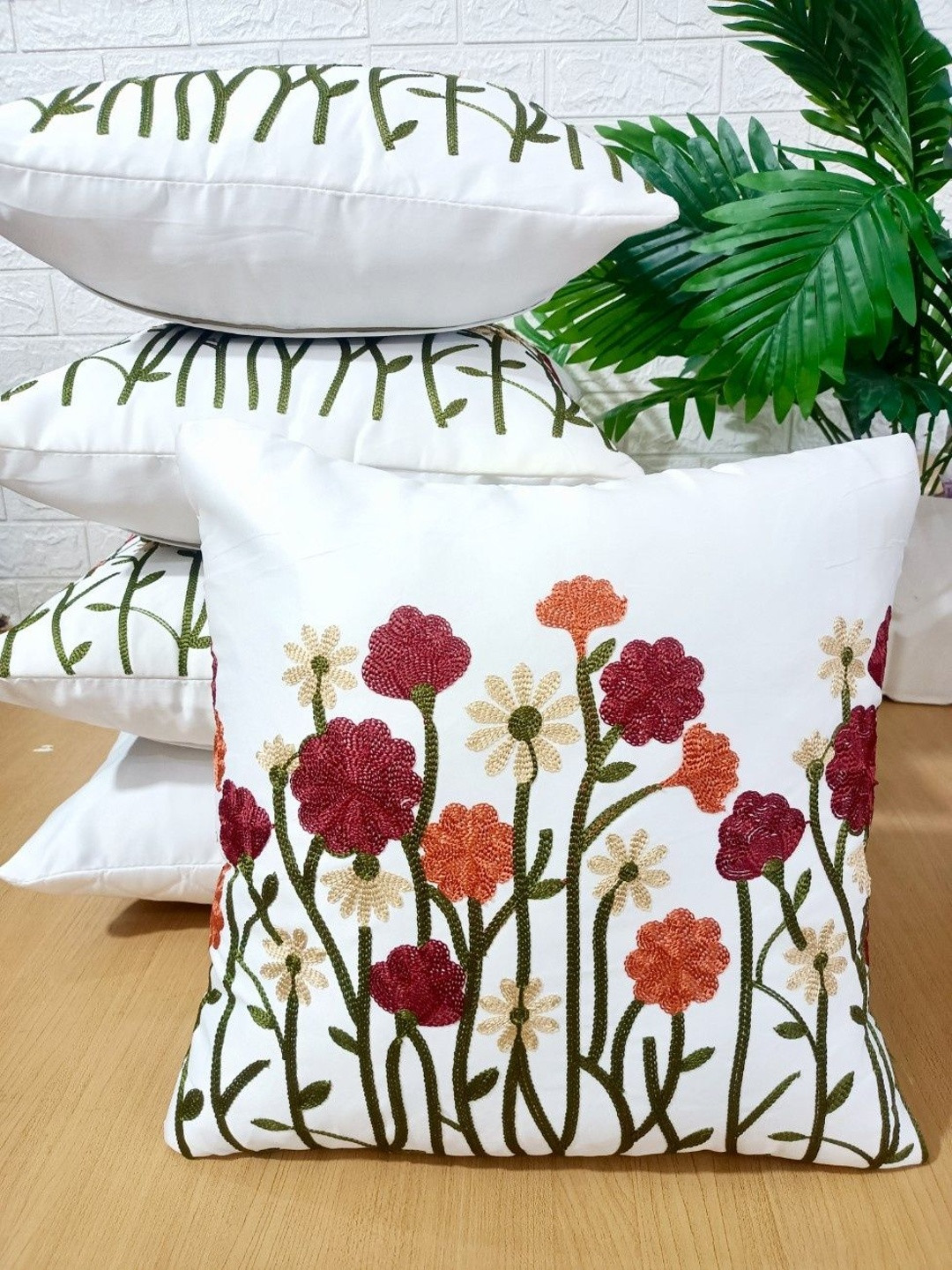 LOFEY White Set of 5 Embroidered Satin Square Cushion Covers