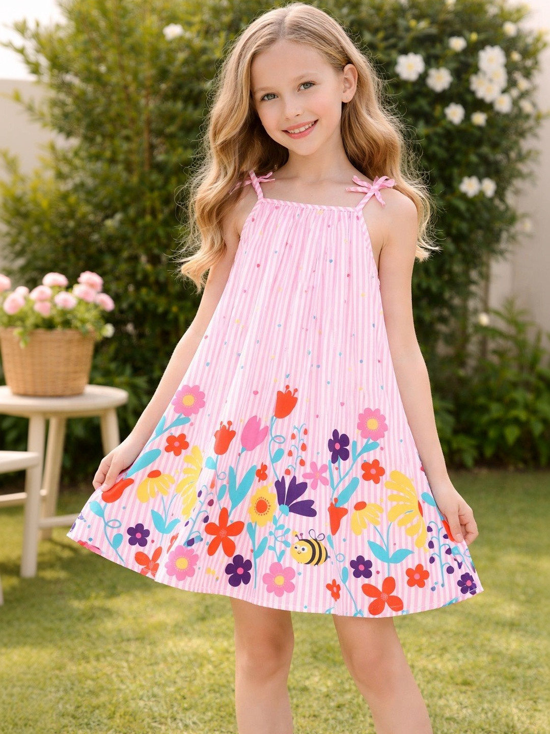 Dhanoo fashion Girls Printed Sleeveless Above Knee Casual Dress