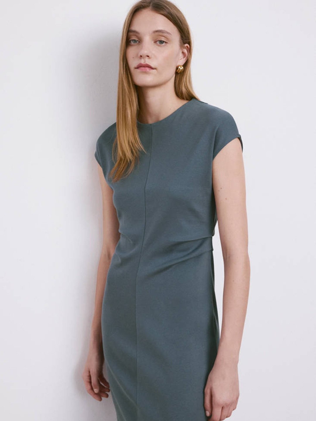 MANGO Pure Cotton Extended Sleeves Gathers Sheath Midi Dress