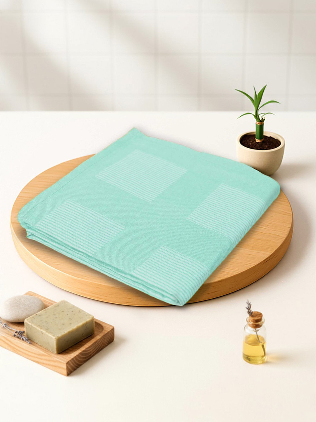 ZAHYA Green Striped Bamboo 250GSM Super Soft Adult Thin Bath Towel-33x66In