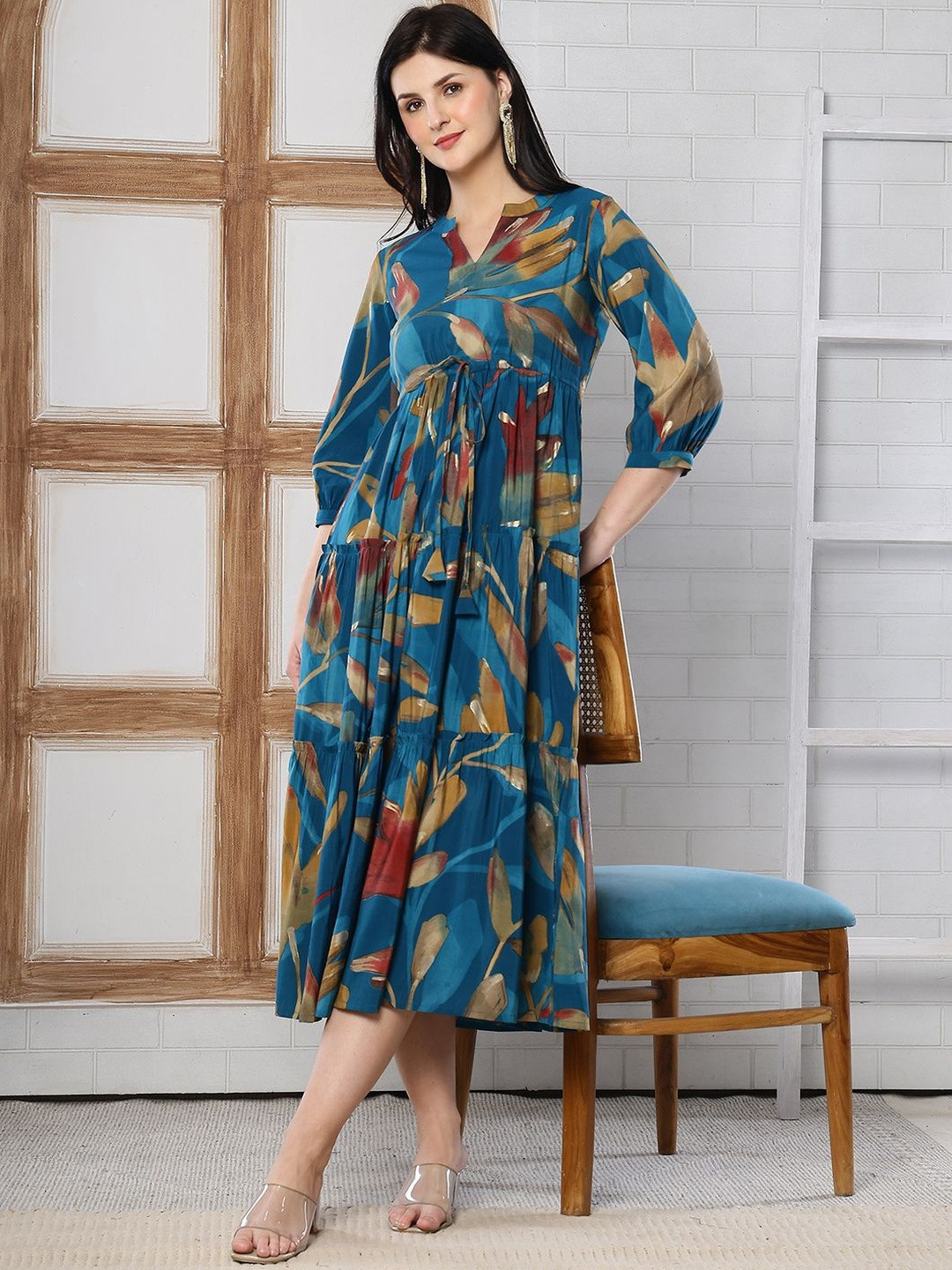 Claura Floral Print Fit & Flare Midi Dress