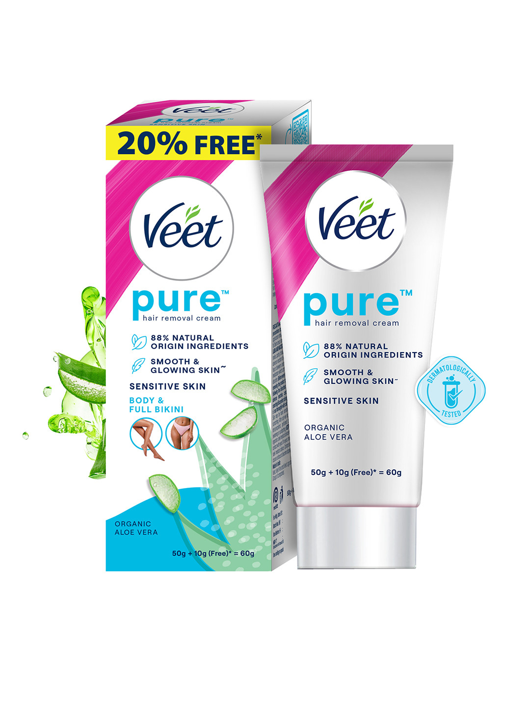 Veet Women Pure Hair Removal Cream for Sensitive Skin with Organic Aloe Vera - 60 g