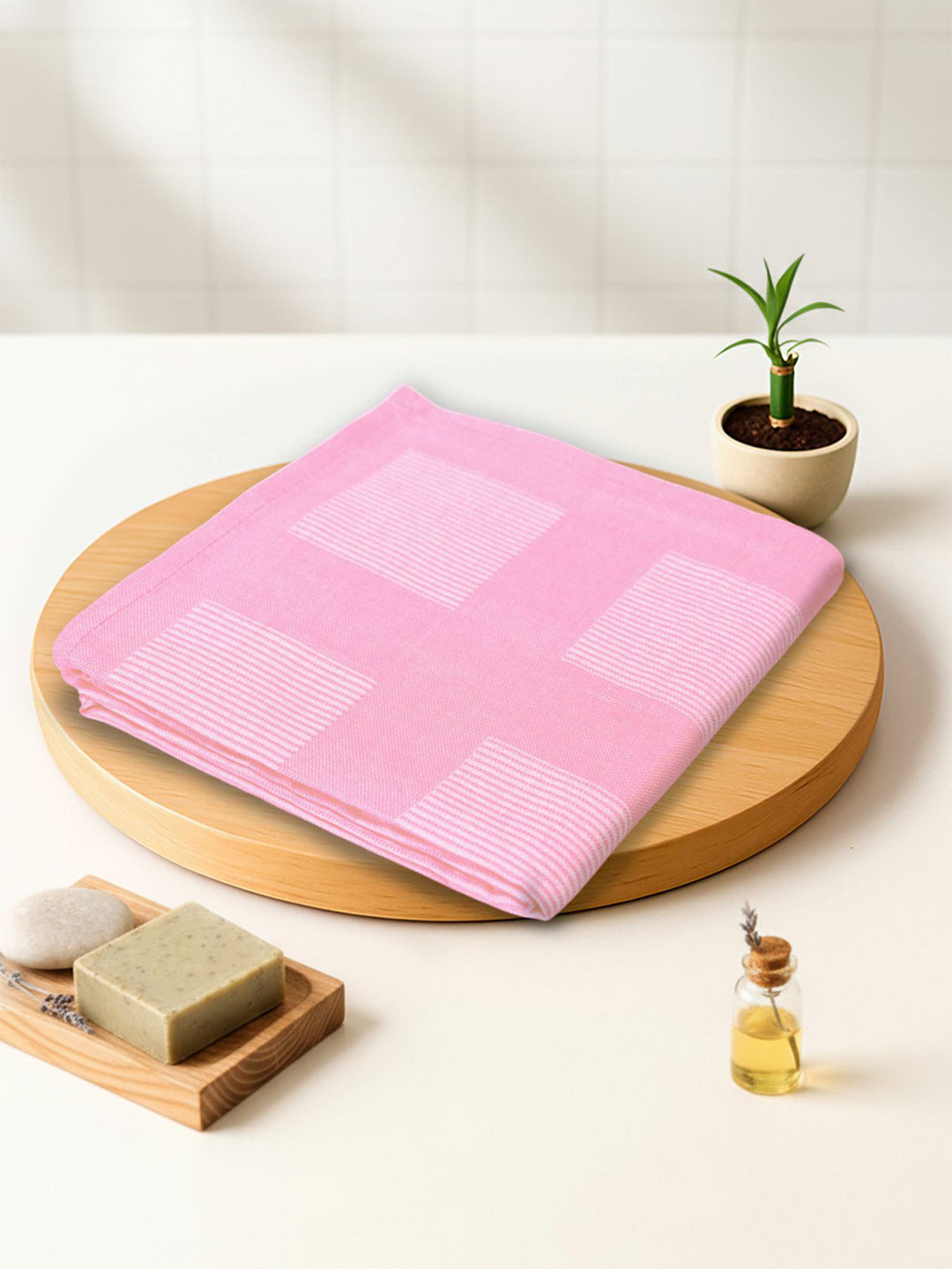 ZAHYA Pink Striped Bamboo 250GSM Super Soft Adult Thin Bath Towel-33x66In