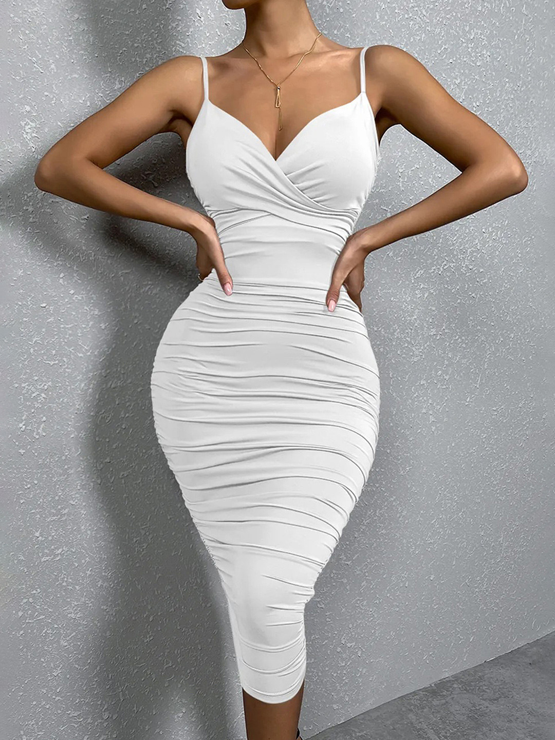 LULU & SKY Women Shoulder Straps Ruched with Strappy Surplice Bodycon Midi Dress