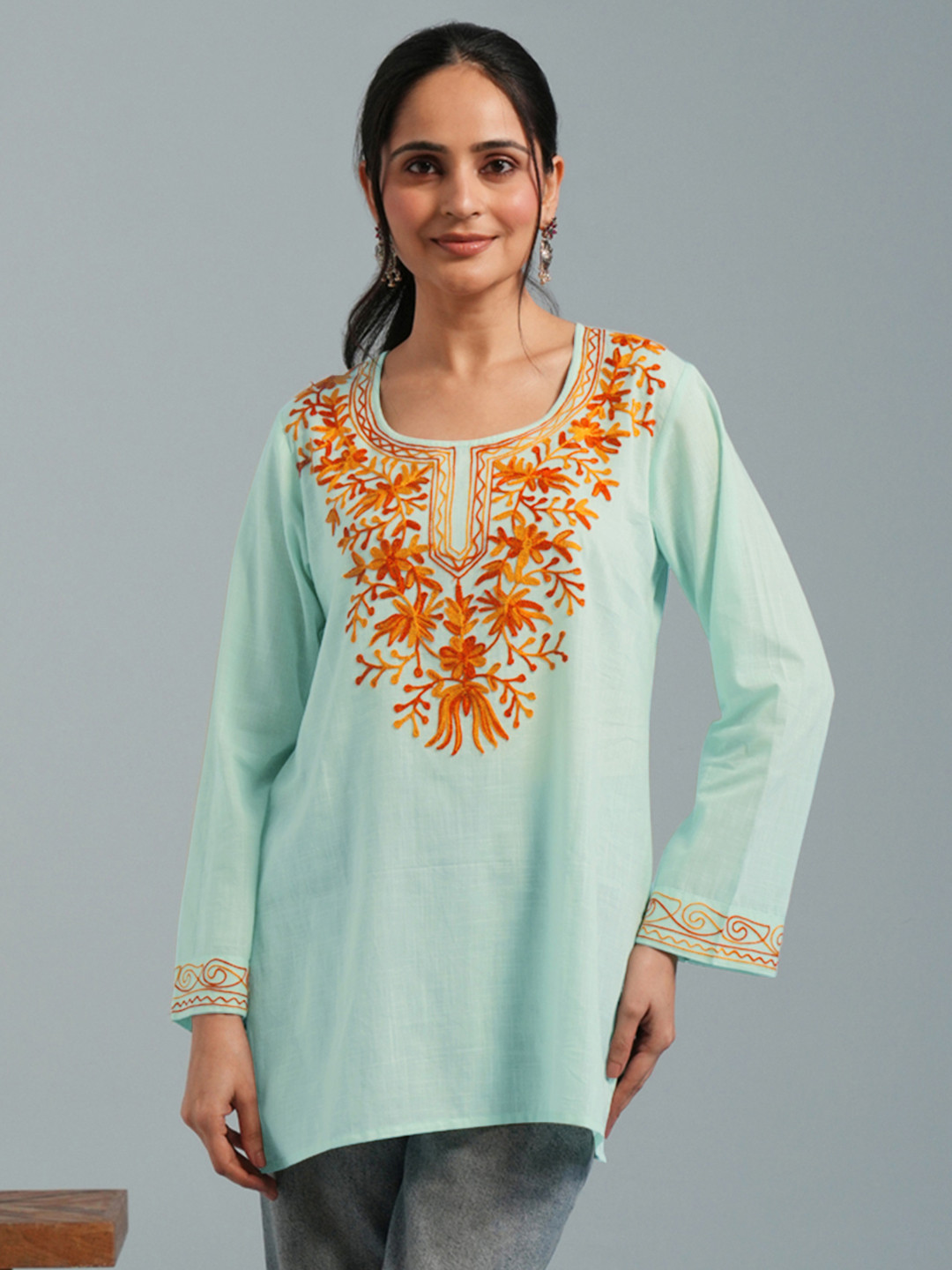 Kashmir Box Kashmiri Aari Women Light Green Embroidered Viscose Rayon Short Kurti
