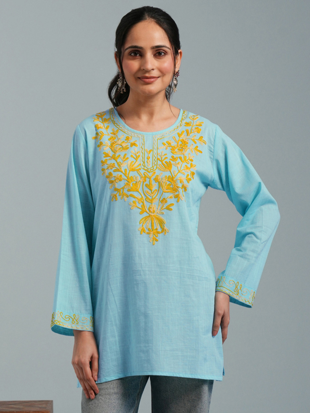 Kashmir Box Kashmiri Aari Women Sky Blue Embroidered Viscose Rayon Short Kurti