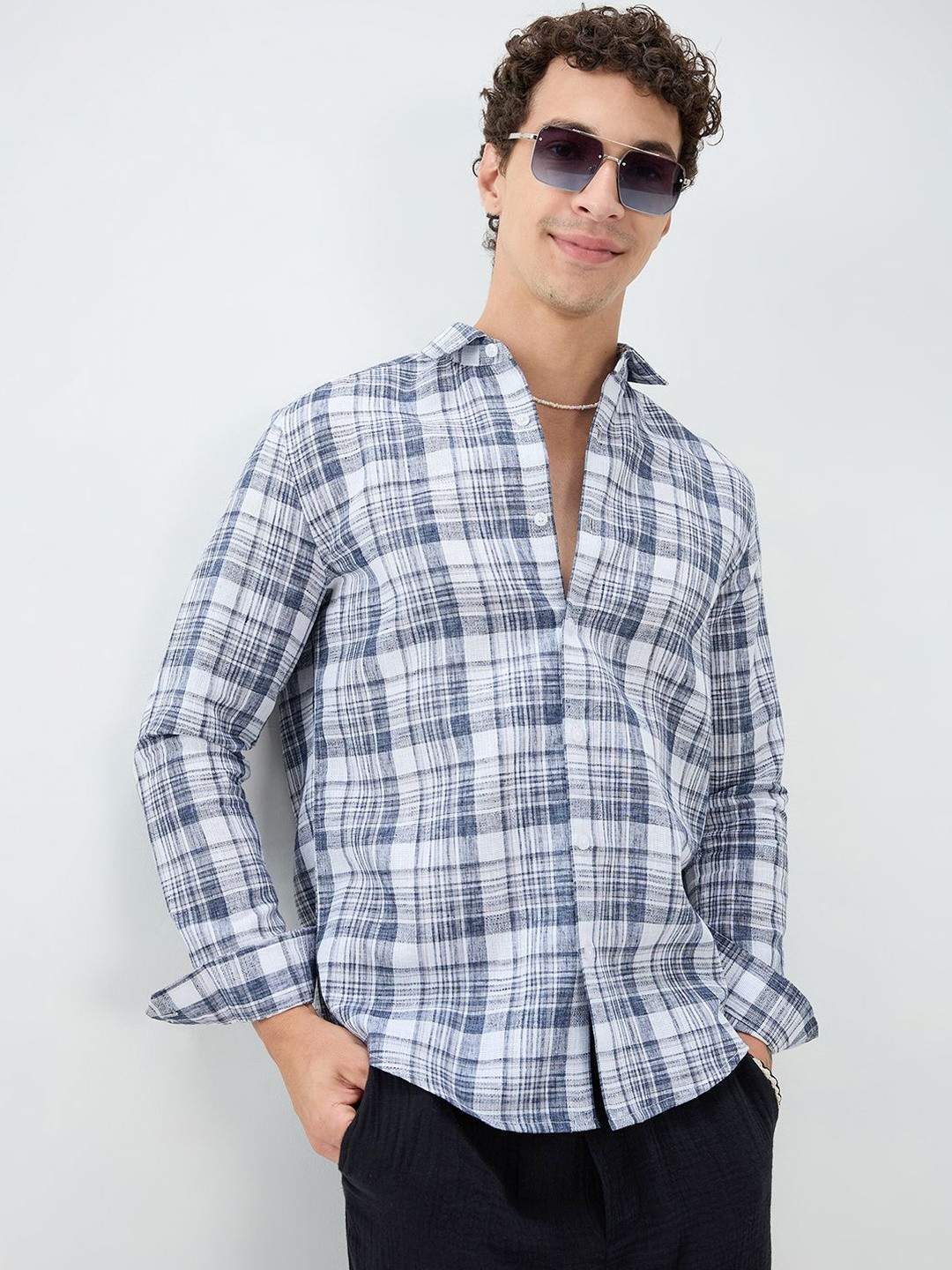 VASTRADO Navy & White Plaid Checks Jacquard Shirt