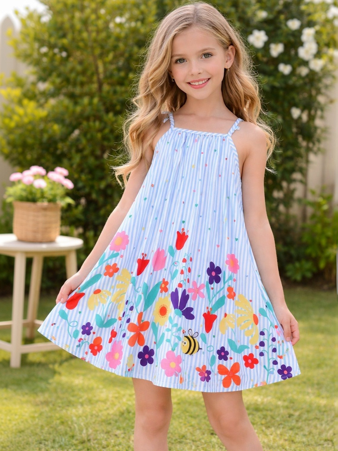 Dhanoo fashion Girls Printed Sleeveless Above Knee Casual Dress