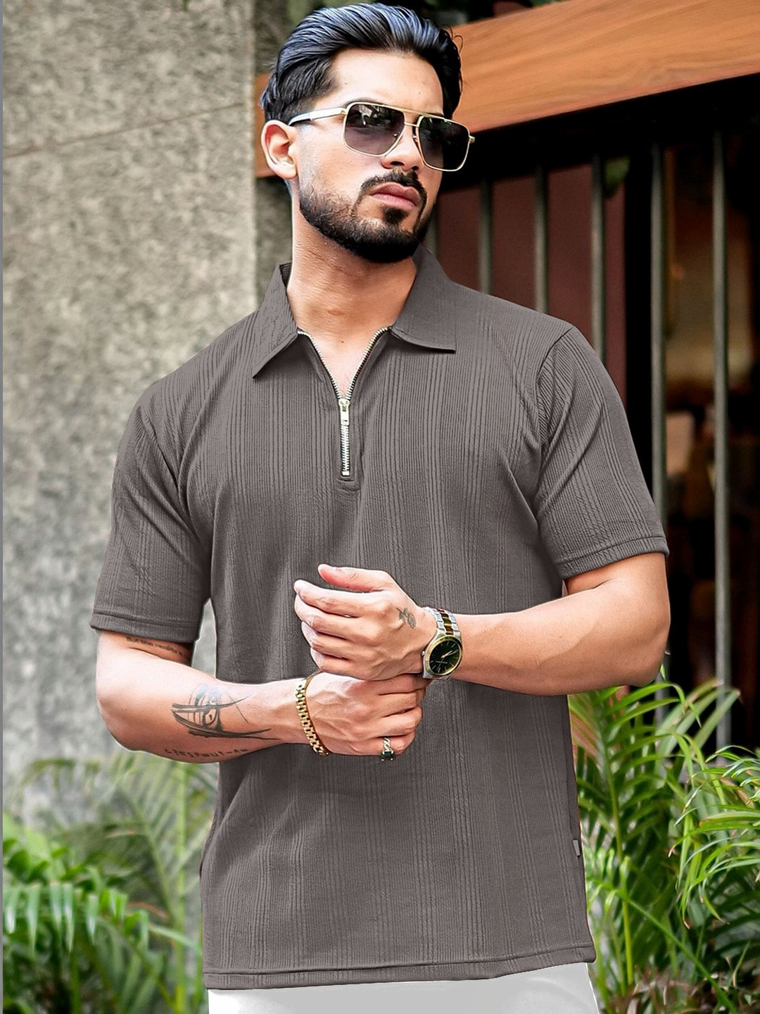 HAPPY KHAJANA Men Textured Polo Zip Neck Collar Tshirts