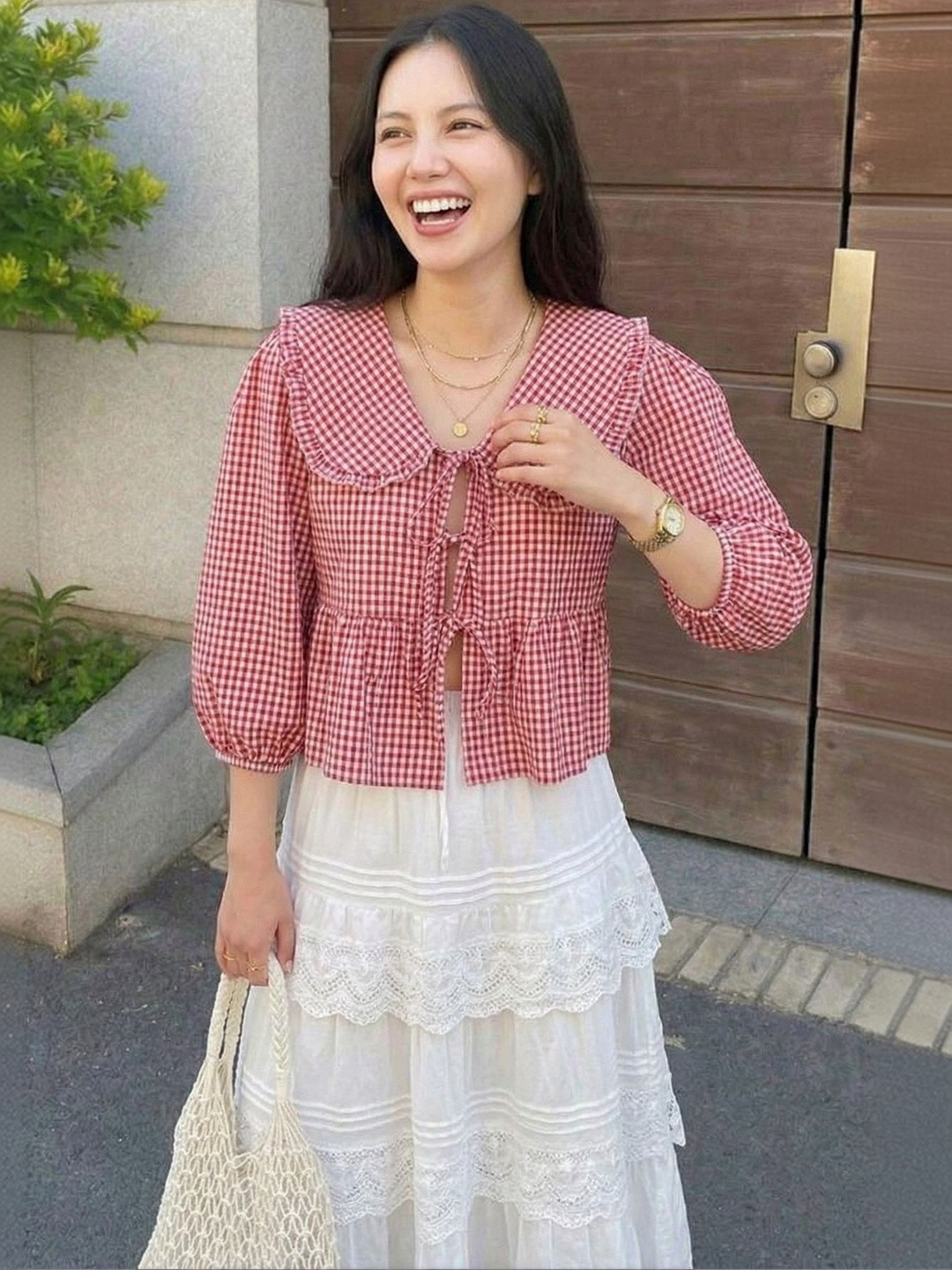Quintessentials Women Peter Pan Collared Puff Sleeves Front Tie Top