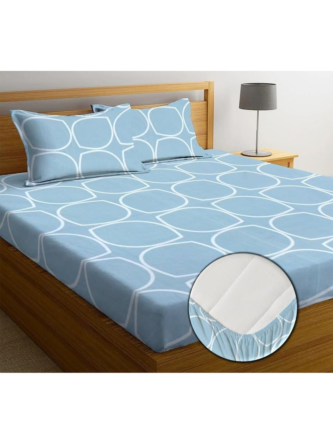 JASHAN Blue Geometric 210 TC King Bedsheet with 2 Pillow Covers