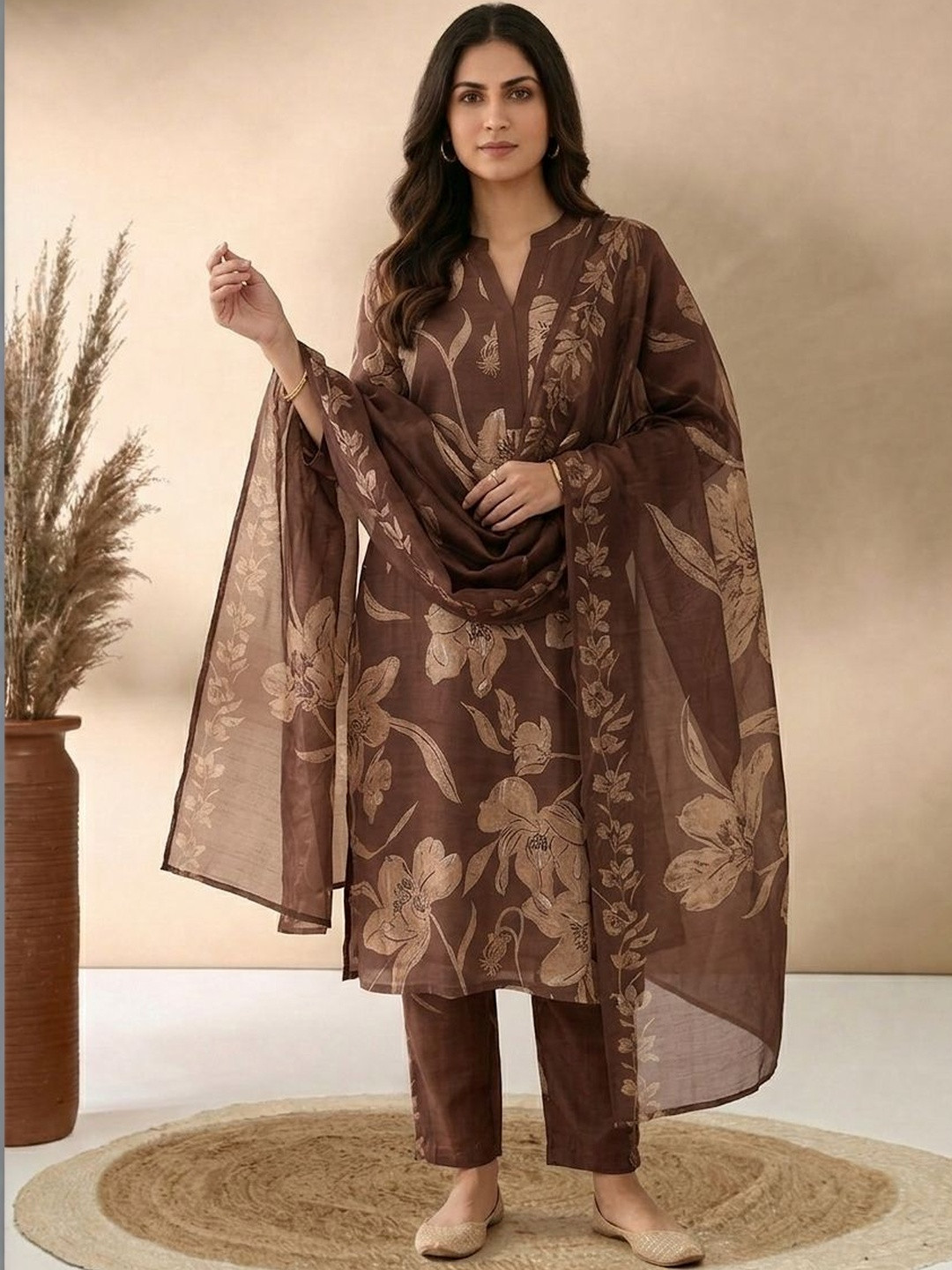 Anouk Women Floral Printed Regular Chanderi Silk Kurta with Trousers & With Dupatta