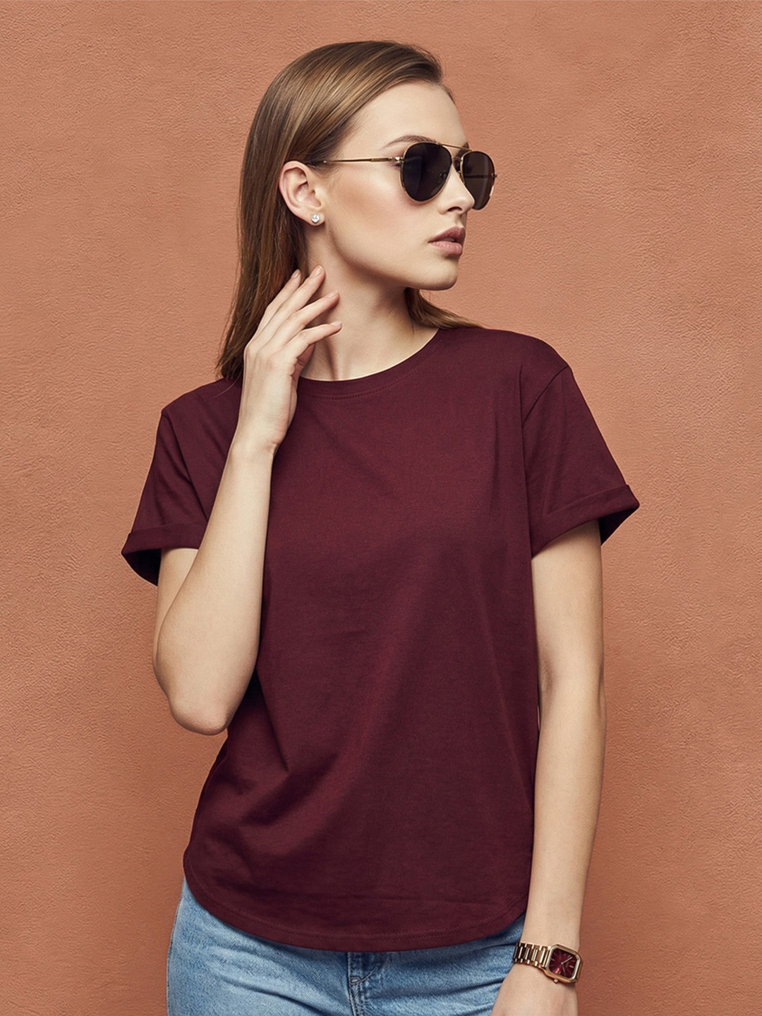 JUNEBERRY Women Maroon Solid Round Neck Relaxed Fit Pure Cotton Oversized T-shirt
