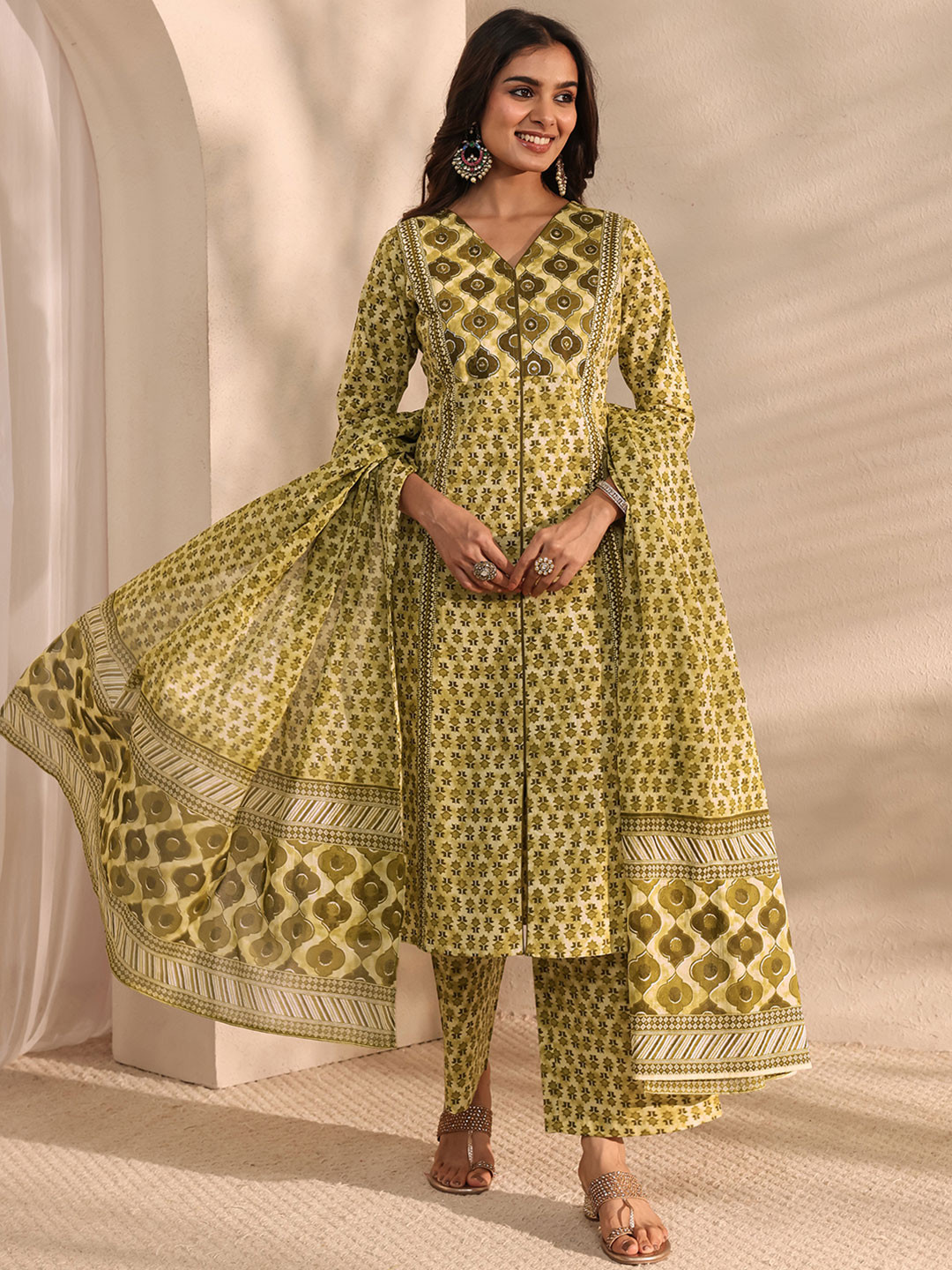 Libas Green Multi Printed Cotton Straight Suit Set with Dupatta