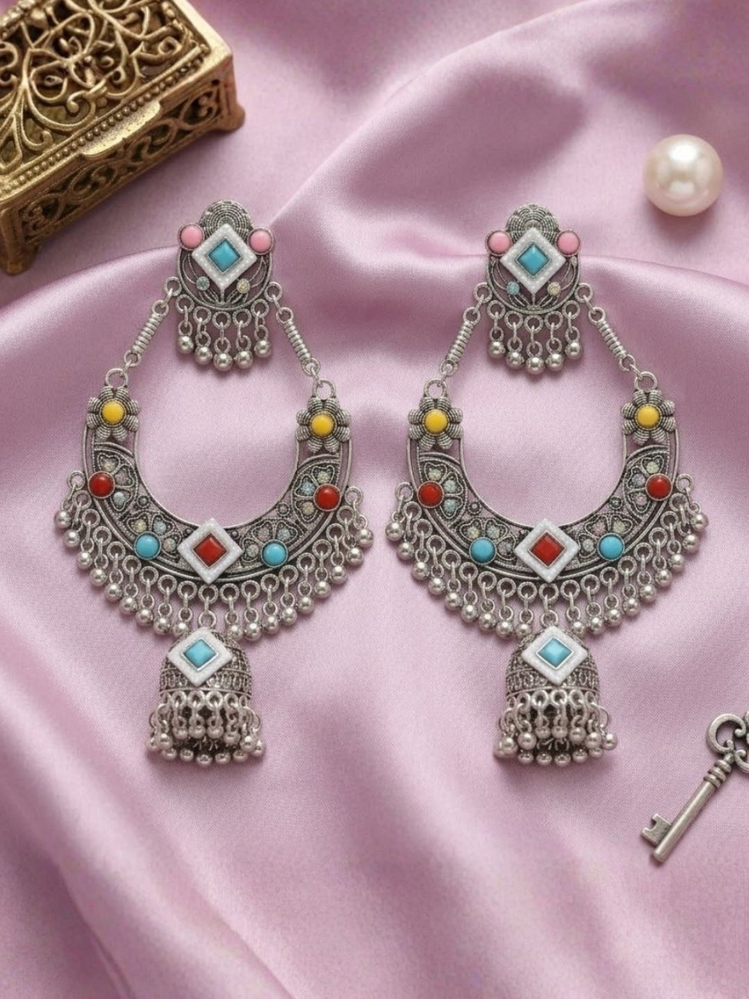 I Jewels Women Oxidized Silver Multicolor Stone Chandbali Earrings
