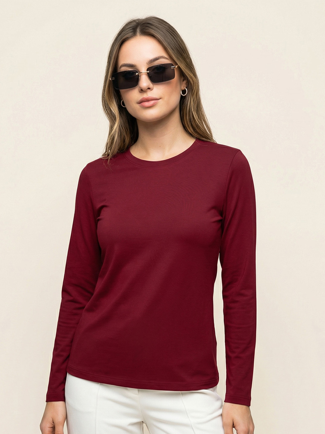 JUNEBERRY Pure Cotton Round Neck Long Sleeves T-shirt