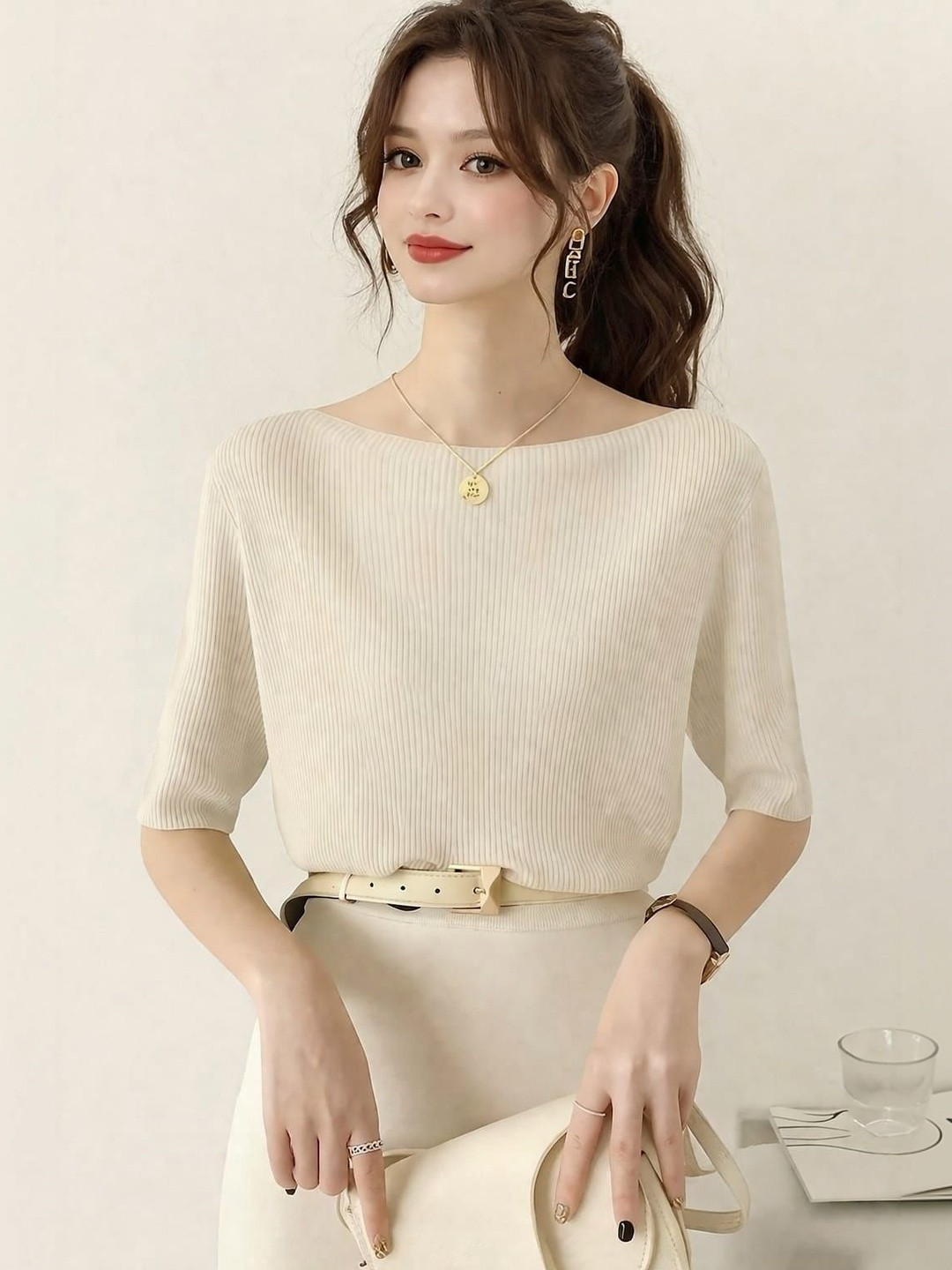 Cream-Coloured Regular Fit Boat Neck T-shirt