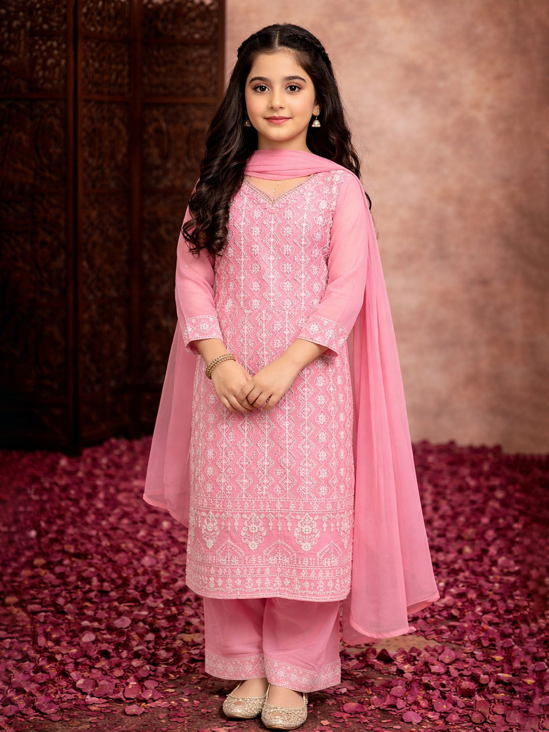 Sangria Girls Embroidered V-Neck Kurta & Palazzos With Dupatta