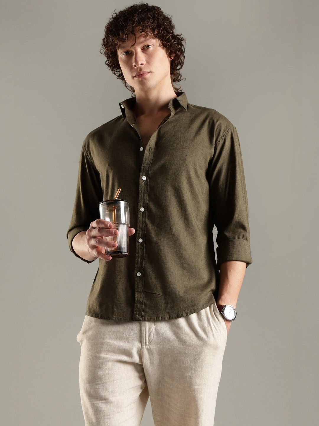 CreekLife Men's Olive Green Casual Cotton Linen Shirt