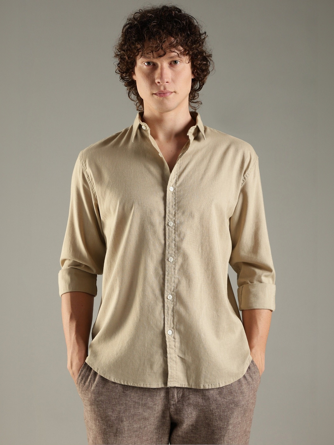 CreekLife Men's Beige Casual Cotton Linen Shirt