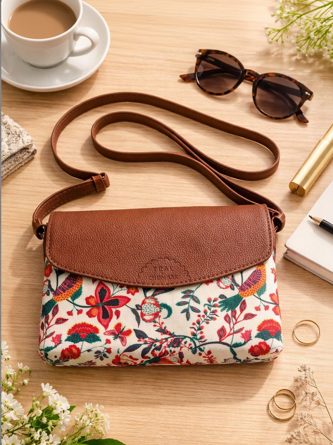 Chumbak Teal Floral Printed PU Sling Bag Flap Handbag