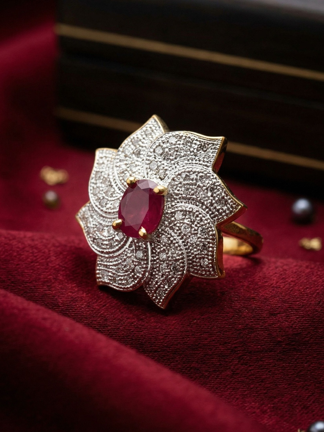 Mekkna Women Silver Plated Oxidised Stone Studded & Beaded Finger Ring