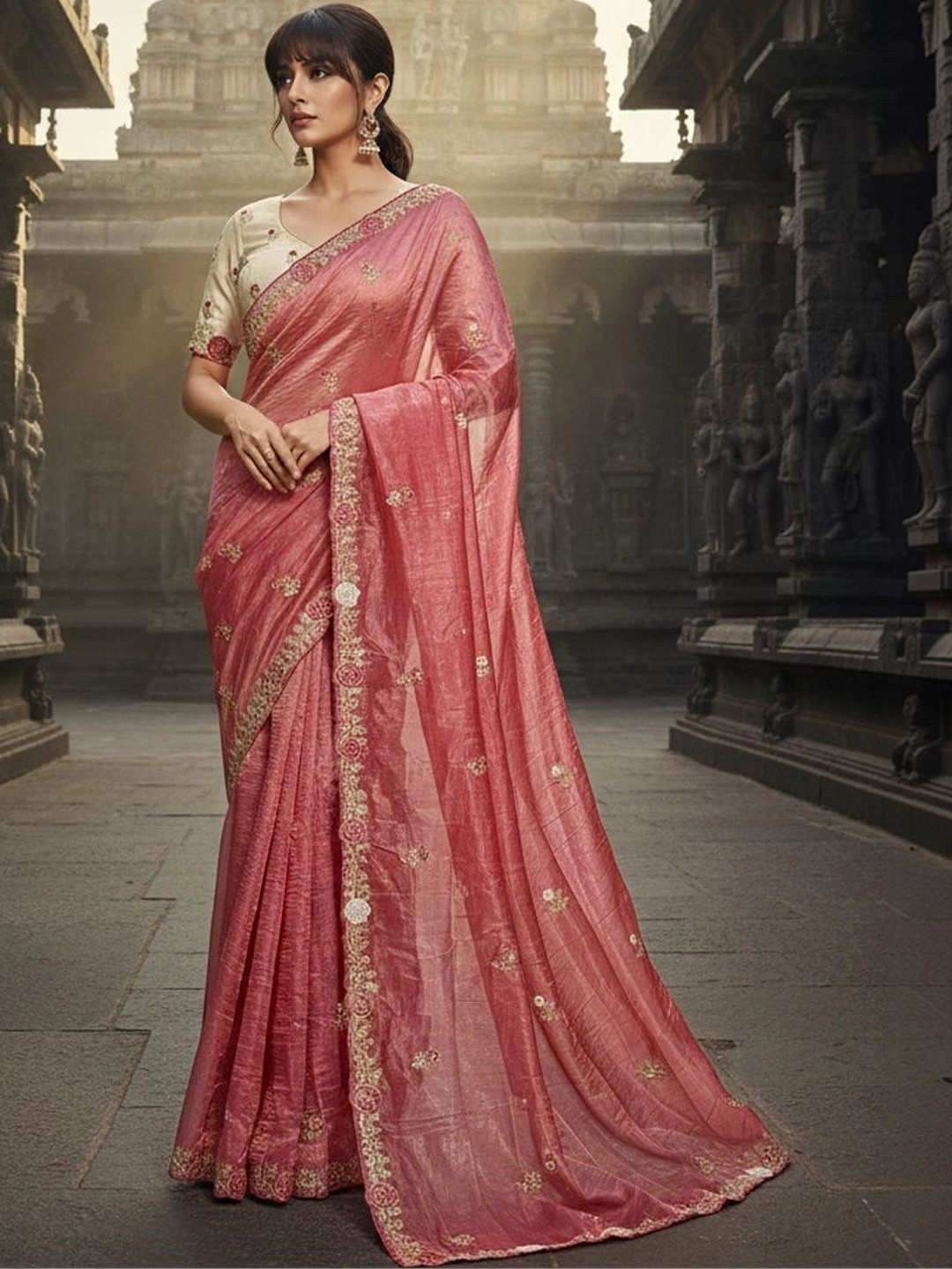 SZN Floral Embroidered Tissue Designer Tussar Saree